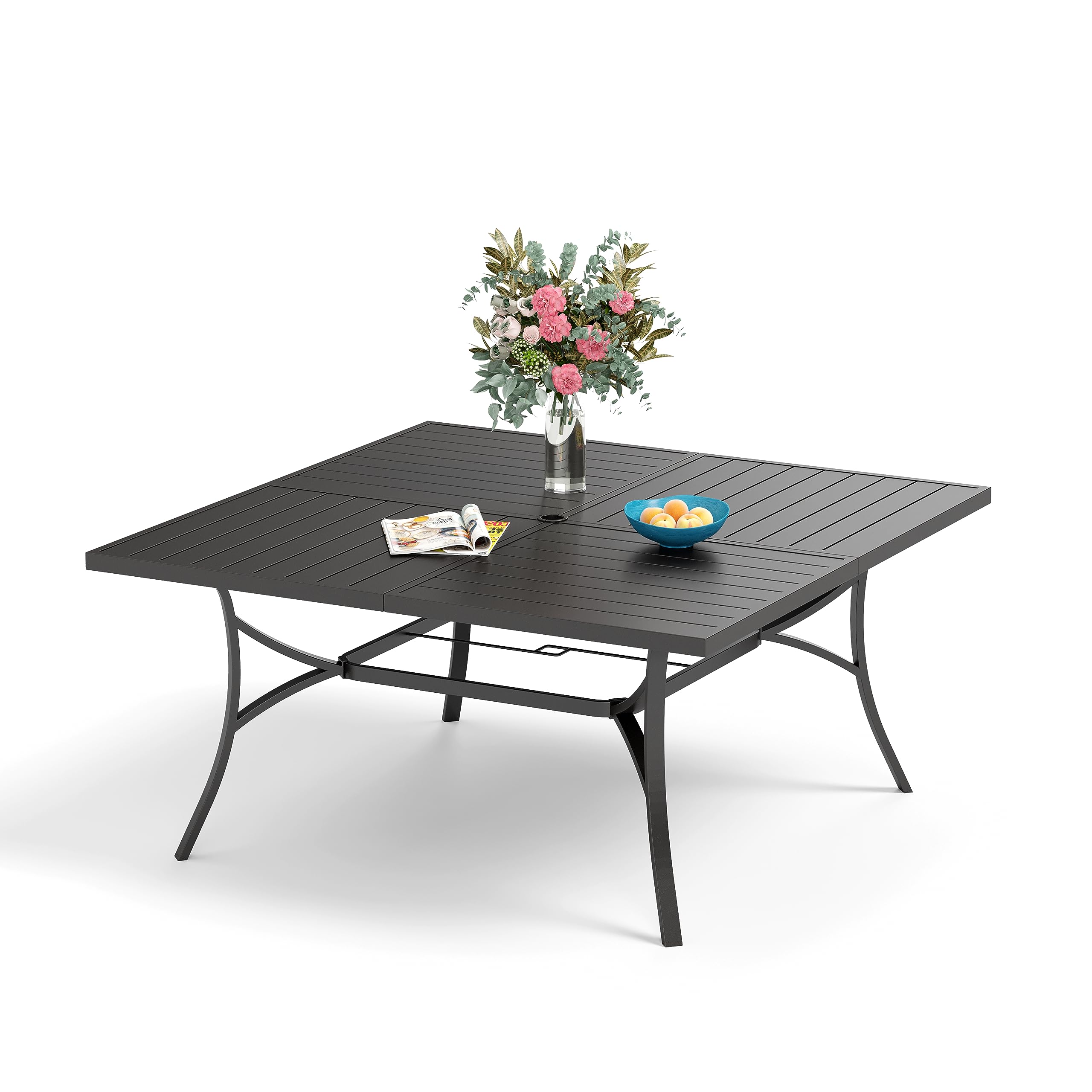 Sophia & William 60' Large Outdoor Patio Table For 8, Outdoor Square Metal Dining Table With 1.9' Adjustable Umbrella Hole, All Weather Wrought Iron Furniture Black Table For Garden Deck