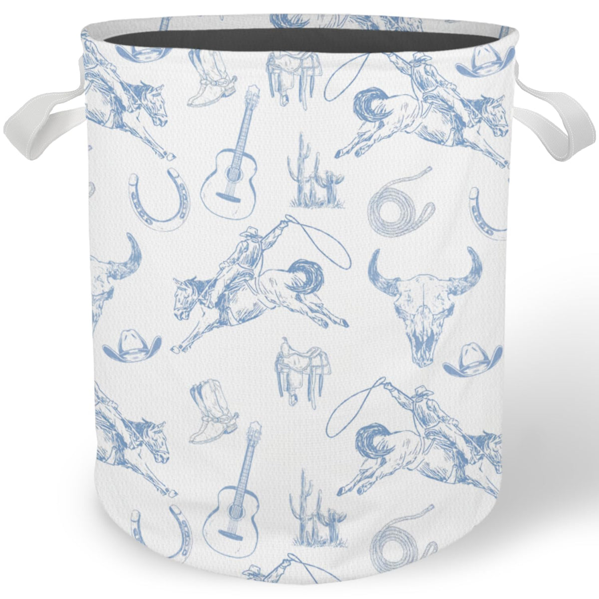 Cilrii Blue and White Western Laundry Basket, Country Rodeo Cowboy Bull Skull Laundry Basket Hamper Waterproof Collapsible Cloth