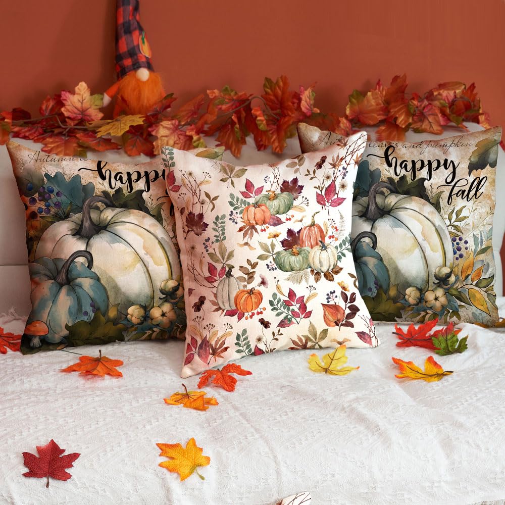 DFXSZ Fall Pillow Covers 20x20 inch Set of 2, Pumpkin Maple Leaf Design, Autumn Thanksgiving Farmhouse Decor for Couch, White