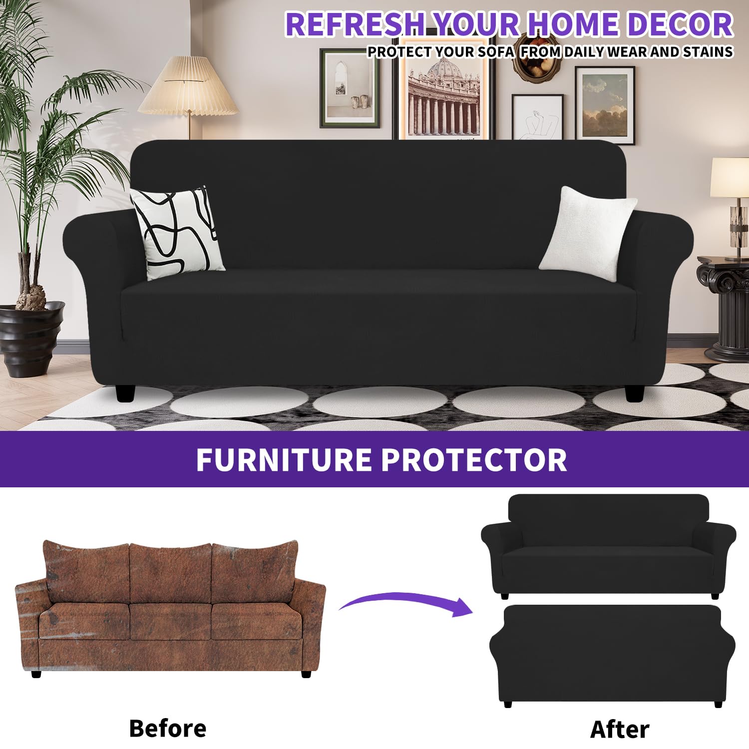 Znsayotx Oversized Super Stretch Couch Cover (91'-110'), New Striped Sofa Covers Comfortable & Durable, Dog Cat Pets Friendly Extra Large Spandex Sofa Slipcovers (Black Grey, Xl Sofa)