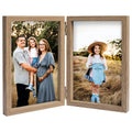 AVEAX Double 4x6 Picture Frame Hinged Folding Photo Frame with Glass Front Vertical Frame on Desktop, Wood Grain