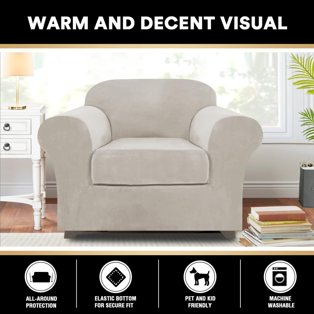 Princedeco 2 Piece Chair Cover Velvet Chair Slipcovers Soft Armchair Cover Furniture Protector With Arms Width Up To 49 Inch Chair Sofa Cover With Individual Cushion Covers(Small, Oatmeal)