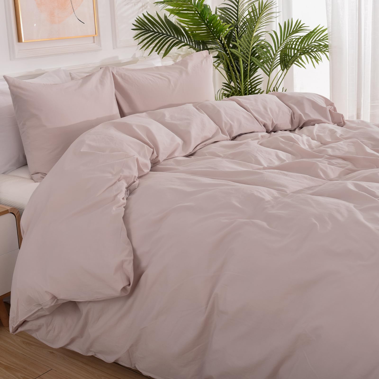 Nexhome Pro Duvet Cover Set 100% Washed Cotton Full Size Linen Feel Textured Organic Natural 3 Pieces Bedding Set Greyish Light Pink With Zipper Closure And Corner Ties, Breathable(No Comforter)