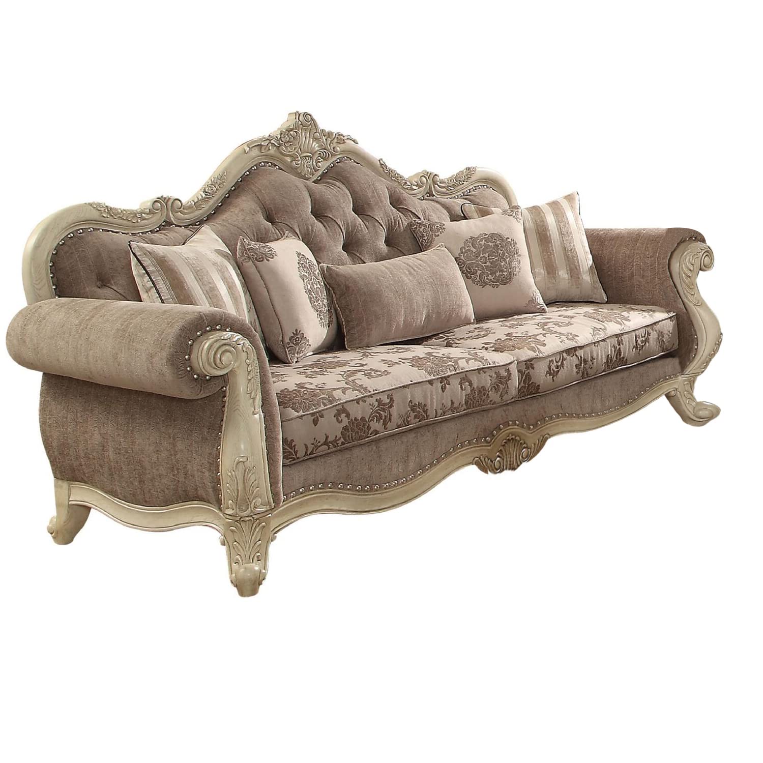 Benjara, Gray Benzara Tufted Wooden Sofa With Scrolled Moulding Trim