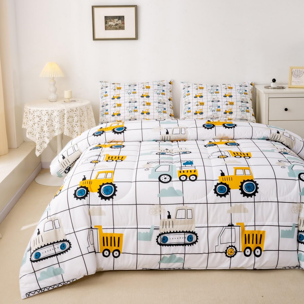 Feelyou Construction Truck Comforter Set Twin Size Kids Machinery Truck Excavators Vehicles Comforter For Boys Teens Cartoon Tra