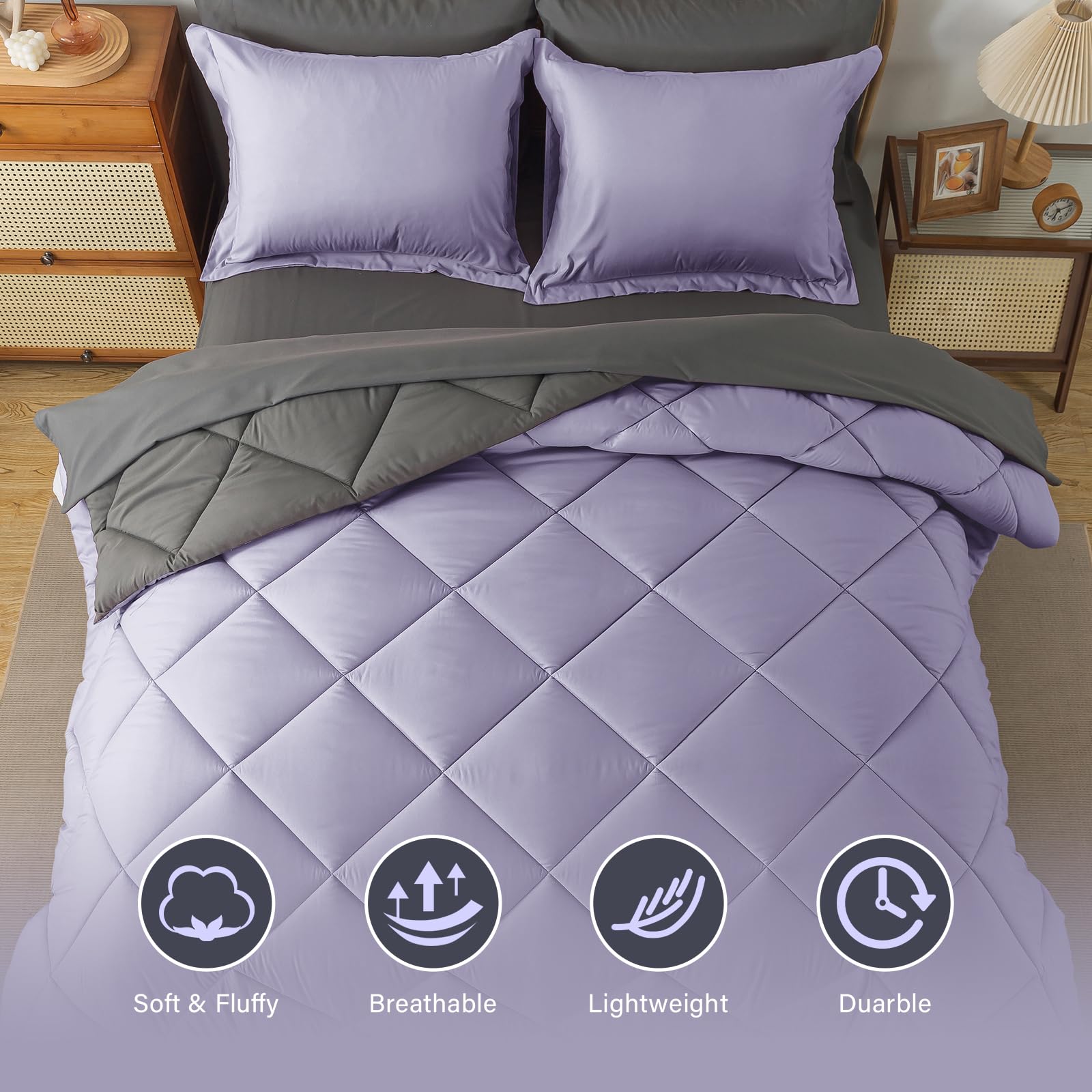Cosybay Bed In A Bag Full Reversible Comforter Sets 7Pcs All Season Down Alternative Bedding Sets Lavender And Grey With Comfort
