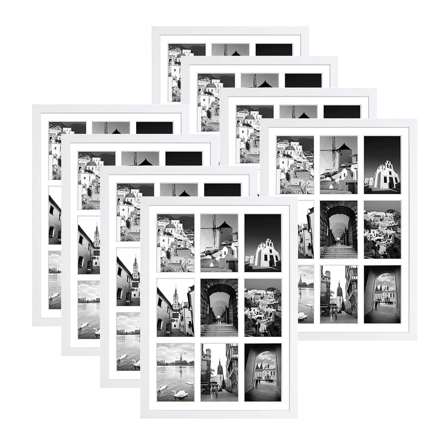 Golden State Art, 13.6x19.7 White Photo Wood Collage Frame with Tempered Glass And White Displays (9) 4x6 Pictures, 8 Pack