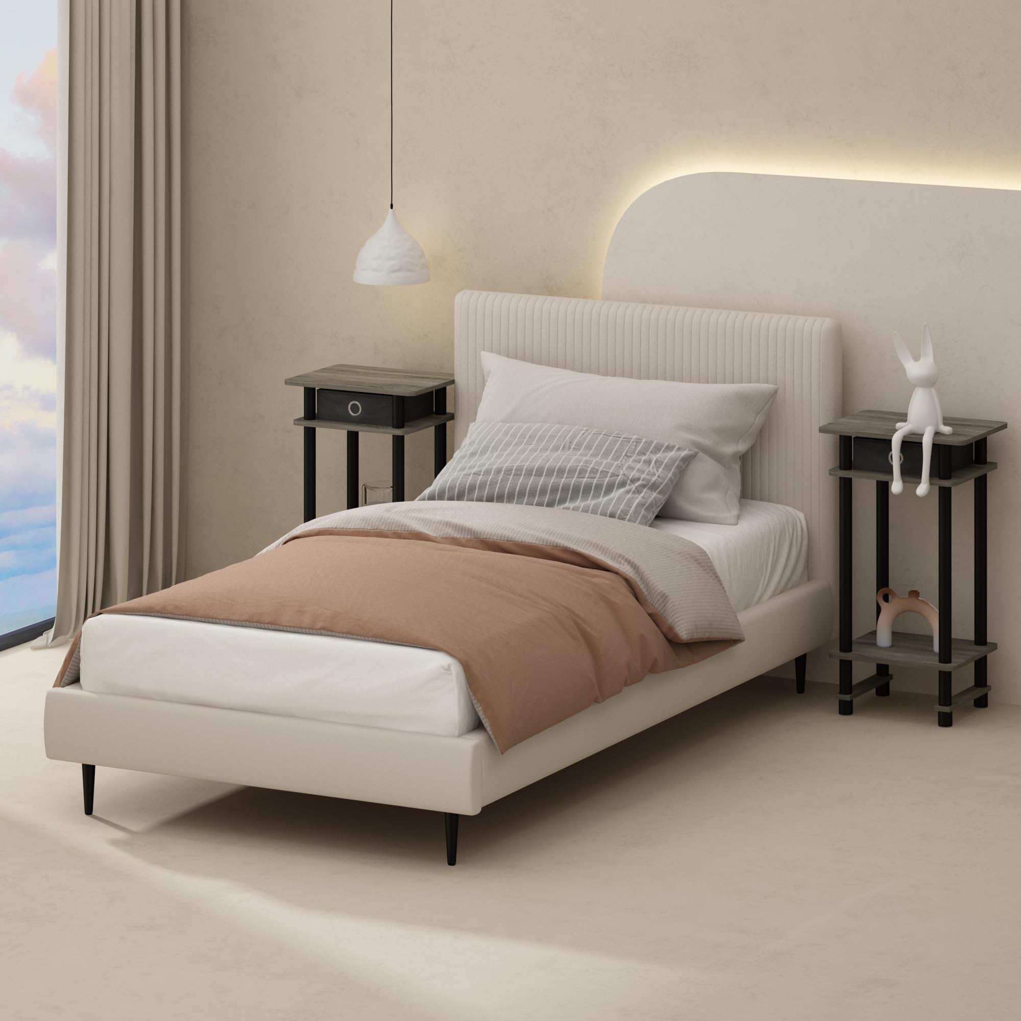 Furinno Turn-N-Tube Tall Nightstand With Bin, 1-Pack, Plastic Poles, French Oak/Black/Black