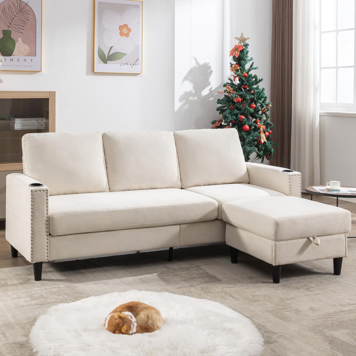 Siiejia Convertible Sectional Couches for Living Room, L-Shaped Couch 3 Seats Sofas with Storage Chaise & 2 Cup Holders, Small S