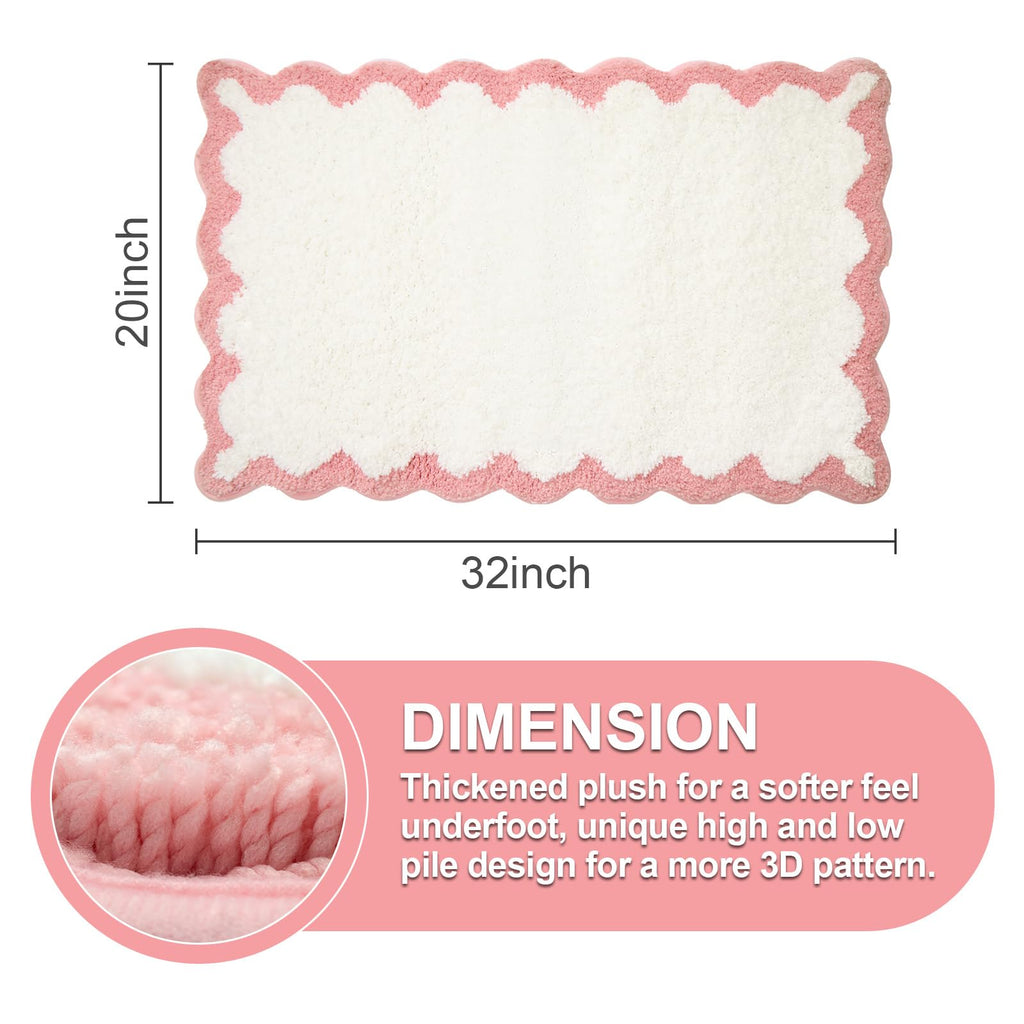 Ortigia Cute Scalloped Bathroom Rugs Non Slip Washable, Quick Dry Absorbent Plush Microfiber Bath Mats, Fun White And Pink Bathm