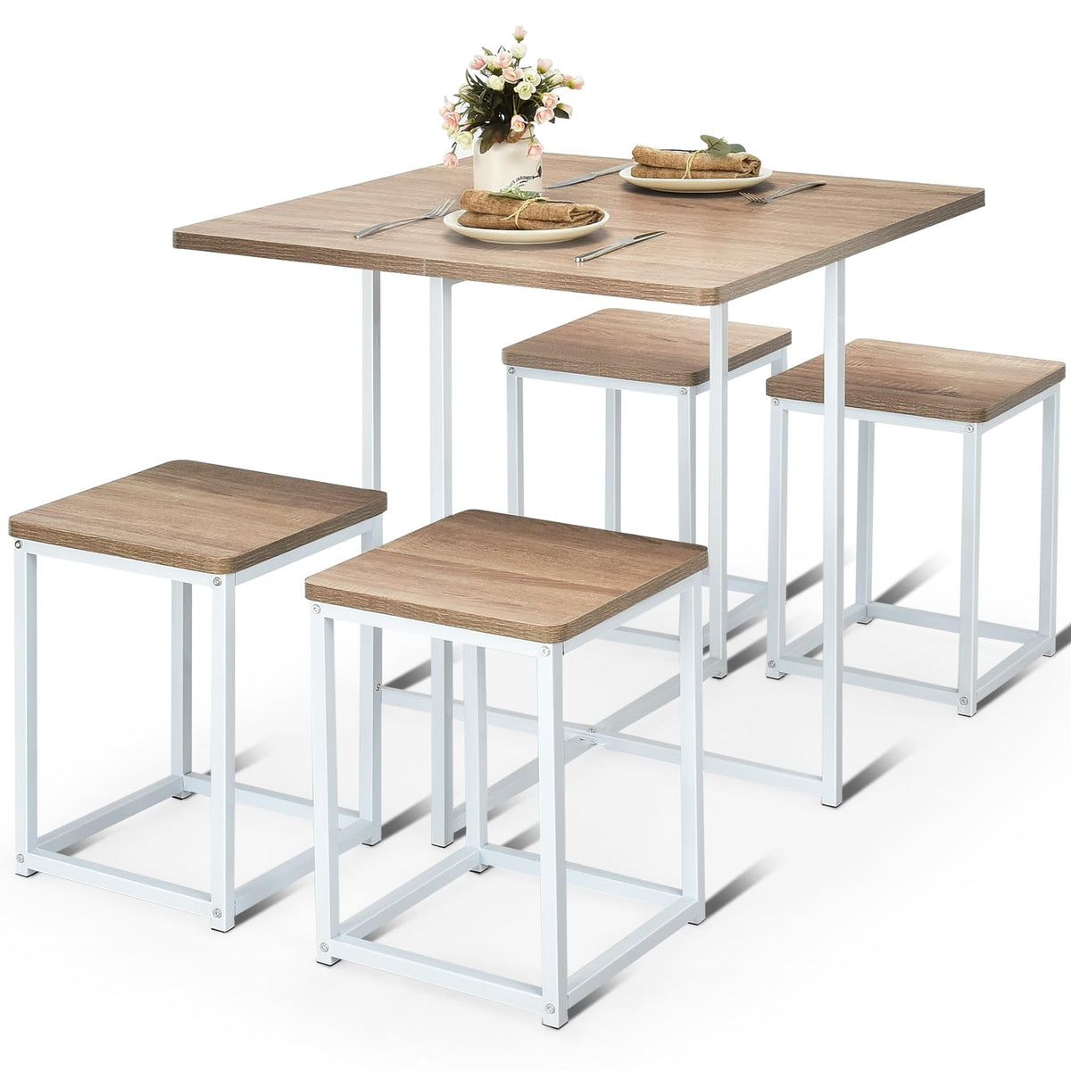 Kotek Dining Table Set For 4, Kitchen & Dining Room Table Sets With 4 Square Stools, Metal Frame, 5 Piece Compact Kitchen Table And Chairs For Small Space (Beige & White)