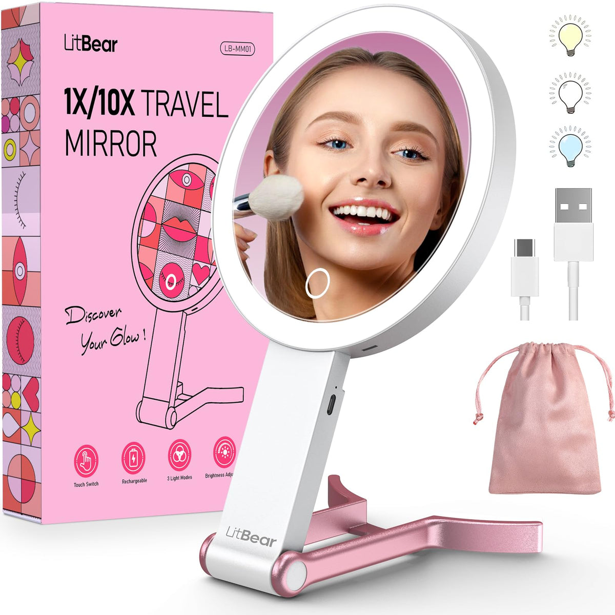 LitBear Travel Makeup Mirror with Lights, Rechargeable Double Sided 10X /1X Magnifying Mirror, Portable Lighted Beauty Mirror, 3