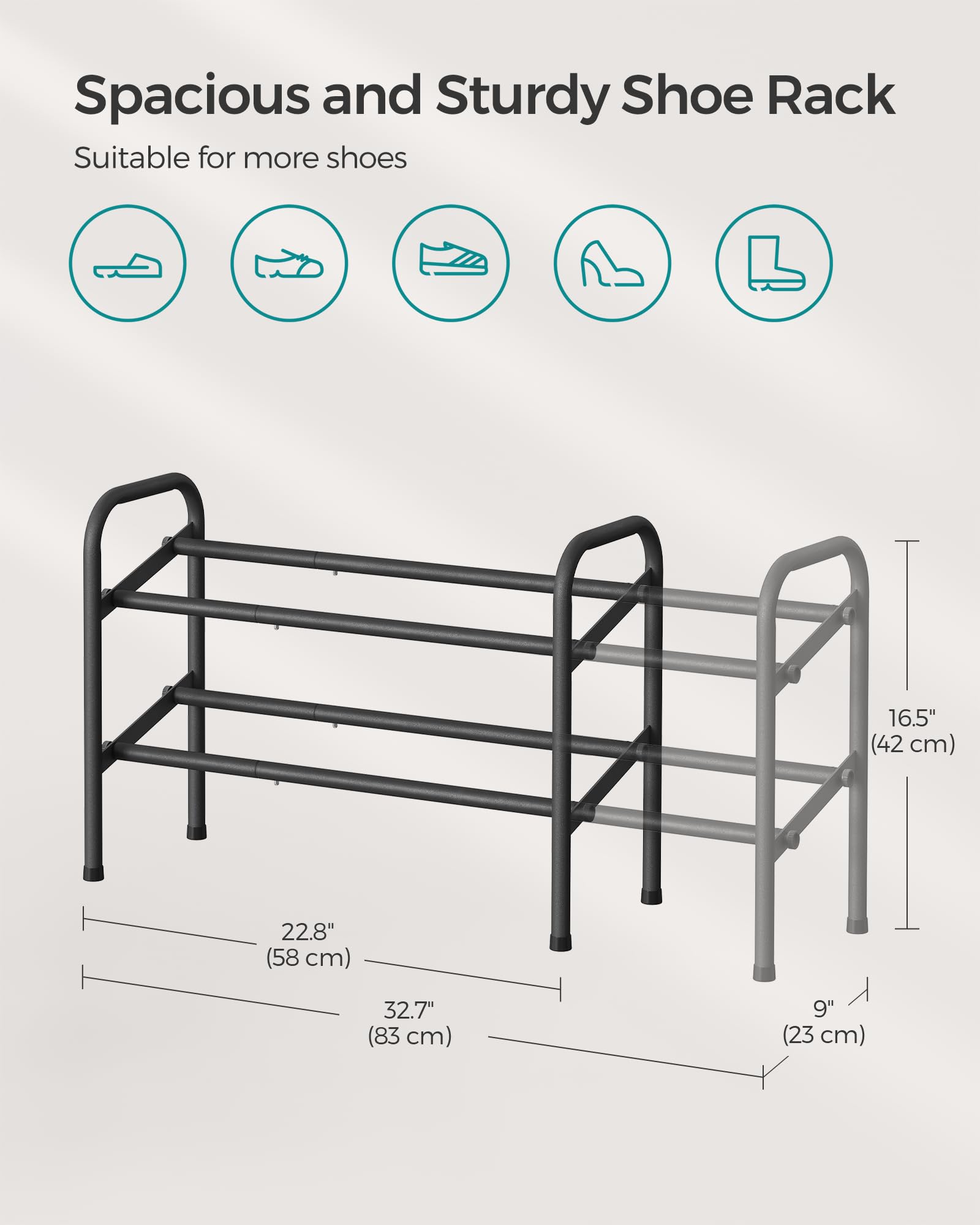 Songmics Expandable Shoe Rack, 2 Tier Shoe Rack Shelf, Adjustable Shoe Organizer Storage For 15 Pairs Of Shoes, Metal Free Standing Shoe Racks For Closet, Front Door Entryway, Easy Assembly, Ink Black