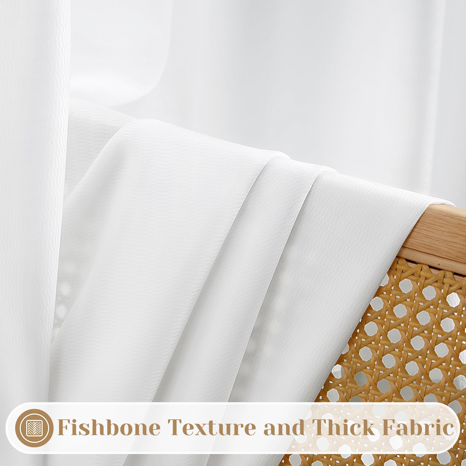 Homeideas Non-See-Through White Privacy Sheer Curtains 52 X 84 Inches Long 2 Panels Set, Fish Bone Pattern Semi Sheer Curtains L