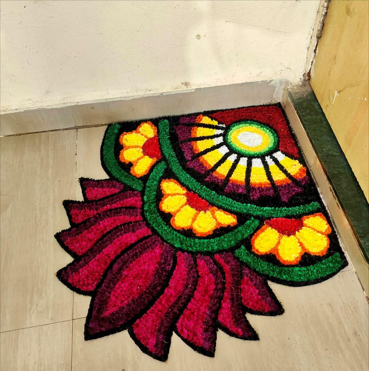 Dream Dcore Handmade Decorative Rangoli Mat, Traditional Floral Design, Multicolor, 2x2 Feet, Indoor Floor Art