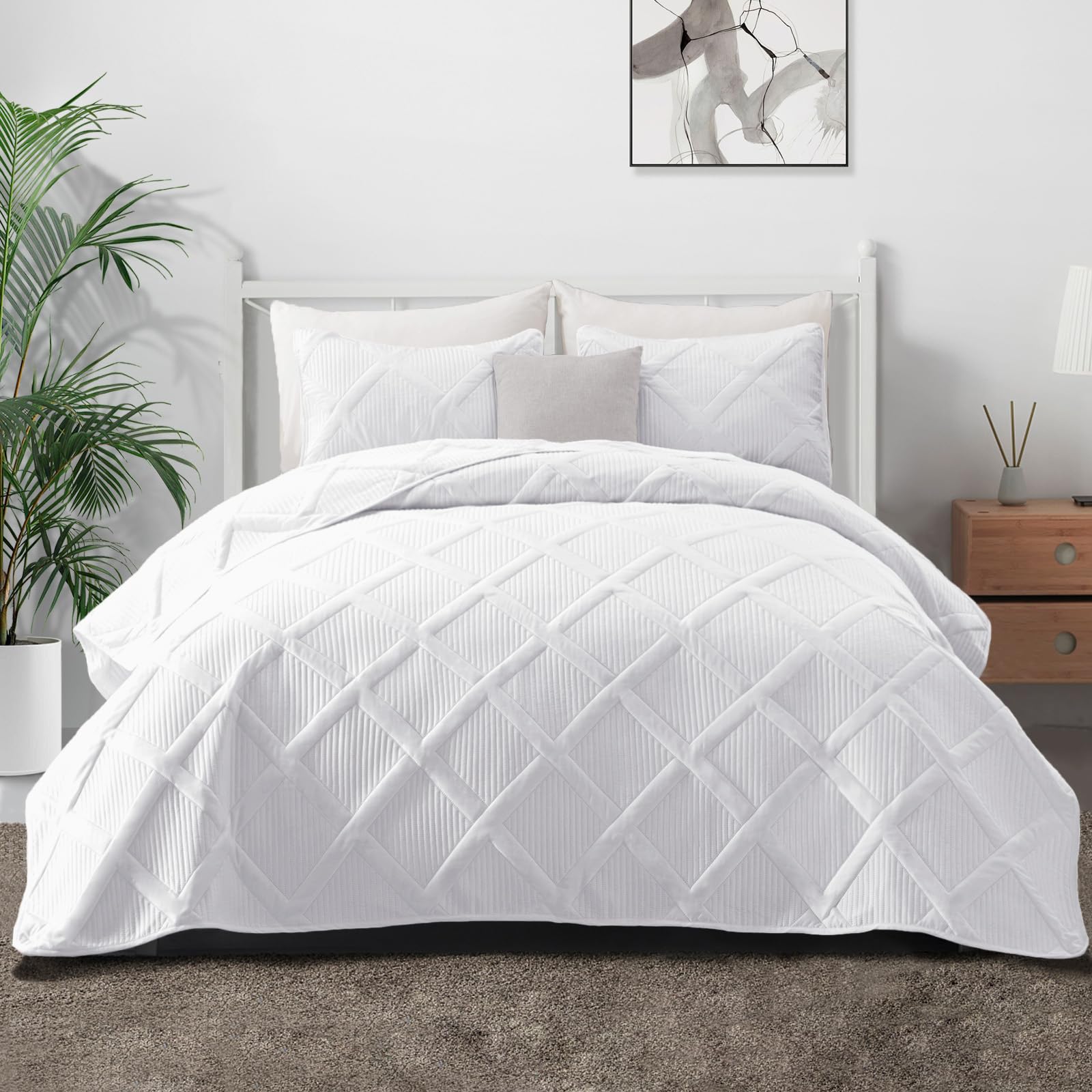 Exclusivo Mezcla Ultrasonic Quilt Set Full Queen Size, 3 Pieces White Queen Quilt (90'X96') With 2 Pillow Shams, Lightweight B