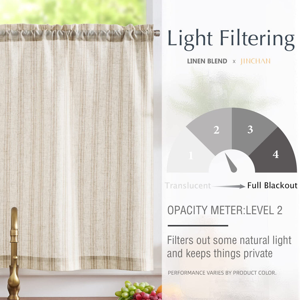 Jinchan Kitchen Curtain Linen Tier Curtain Striped Cafe Curtain 36 Inch Stripe Small Window Curtain Balanced Stripe Curtain Light Filtering Farmhouse For Bathroom Laundry Rv 1 Panel Taupe On Beige