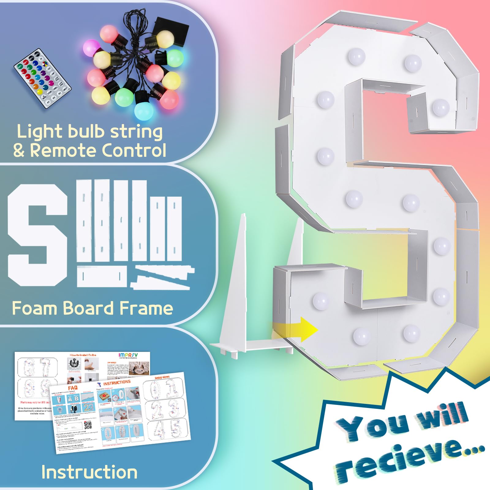 Imprsv 4Ft Colorful Marquee Light Up Letters S, 18 Colors Light Up Letters Alphabet Sign With Remote, One Letters First Birthday