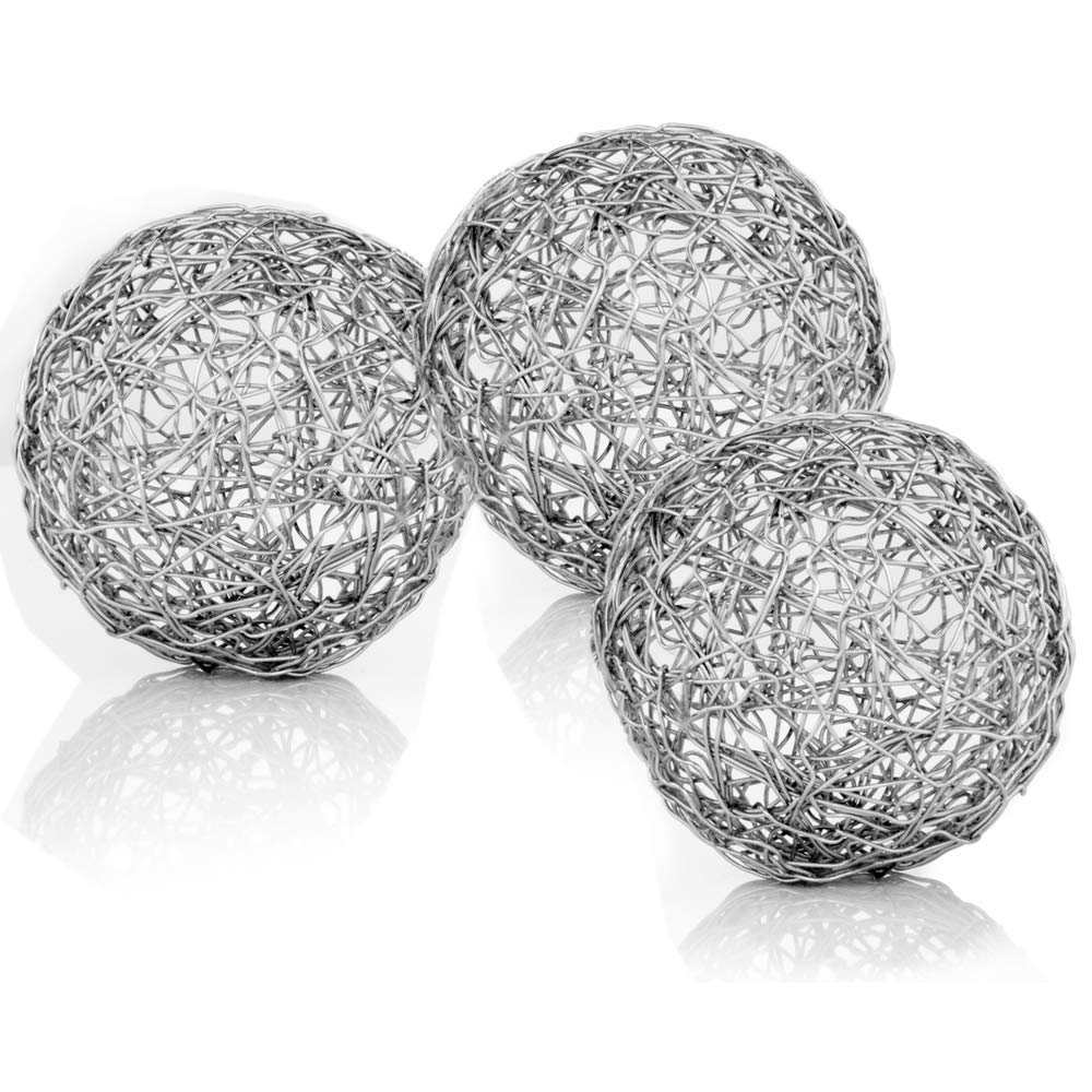 HomeRoots Decor 3-inch x 3-inch x 3-inch Shiny Nickel/Silver Wire - Spheres Box of 3