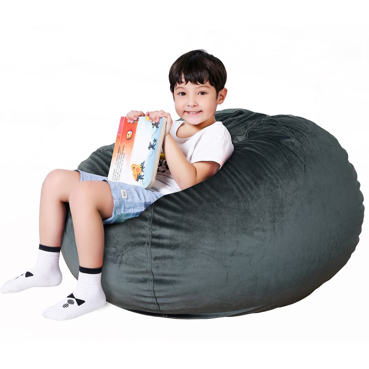 Lukeight Stuffed Animal Storage Bean Bag Chair Cover For Kids, Zipper Beanbag Chair Cover For Organizing Toddler & Kids' Rooms Plush Toys (Dark Gray Velvet, X-Large)