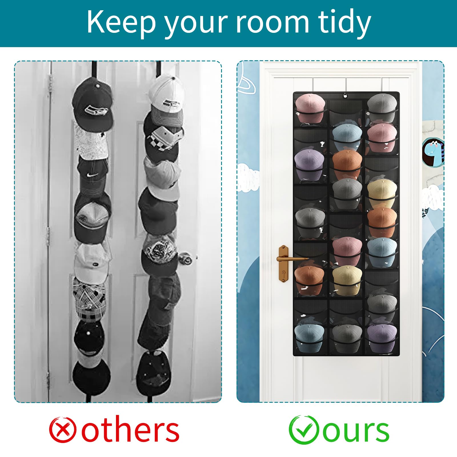 Fixwal Baseball Cap Organizer, 27 Pocket Over The Door Rack, Black Non-Woven, Model Fixwal403111110, with Hooks for Storage and Display