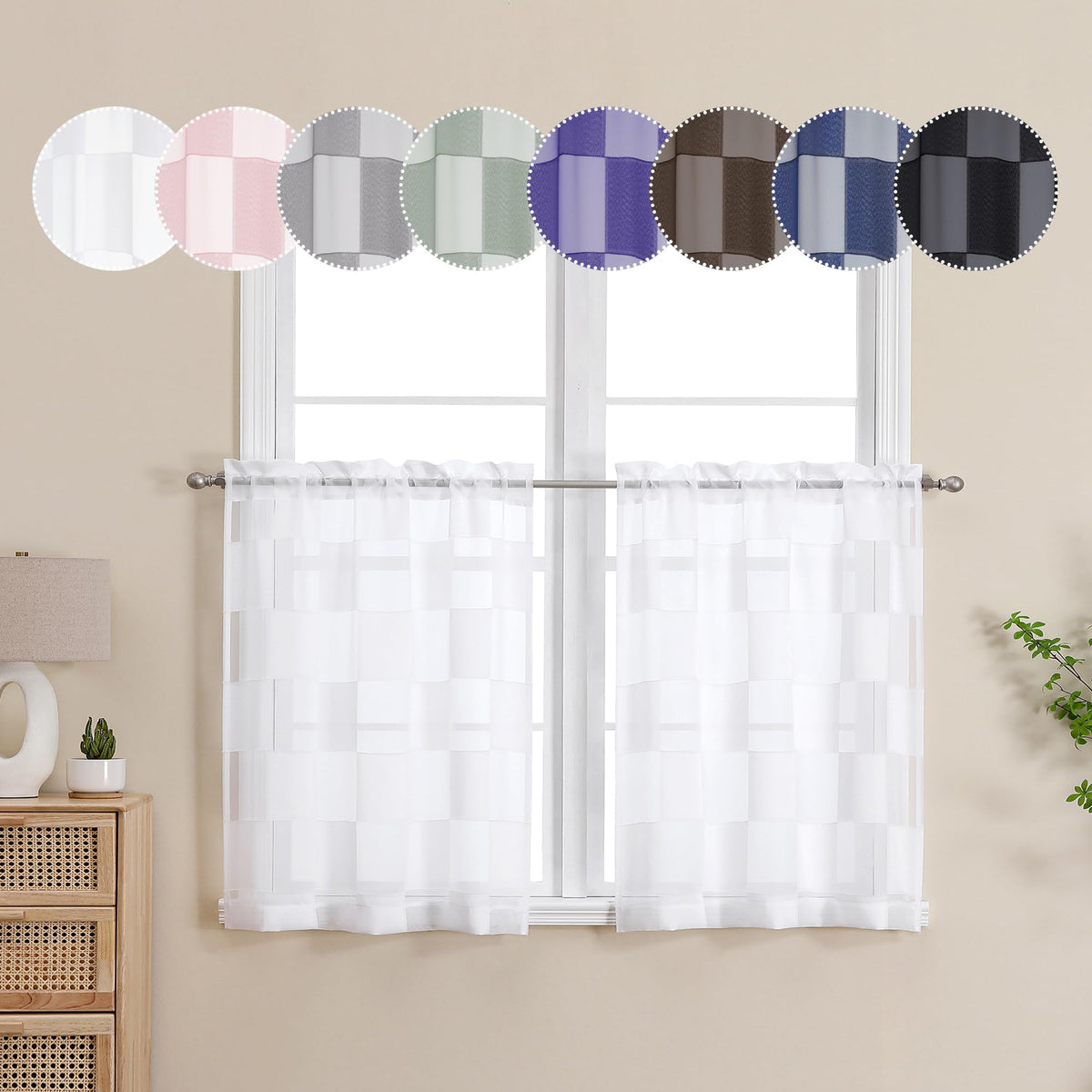 Ovzme Barry 24 Inch White Curtains Sheer Tiers 2Pcs, Clip Checkered Short Sheer Curtains For Window, Farmhouse Textured Light Fi