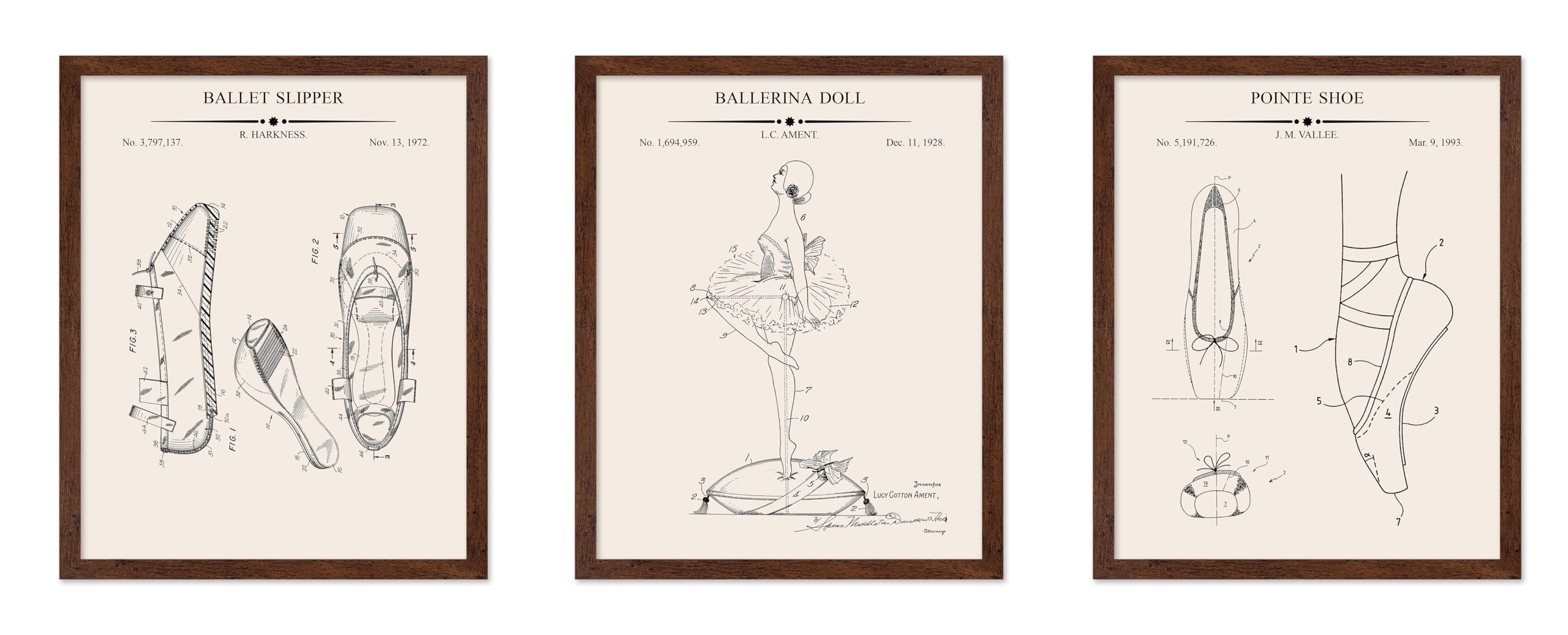 Poster Master 3-Piece Ballet Slippers Patent Print - Blueprint Poster - Ballerina Doll & Pointe Shoe Art - Technical Drawing Wal