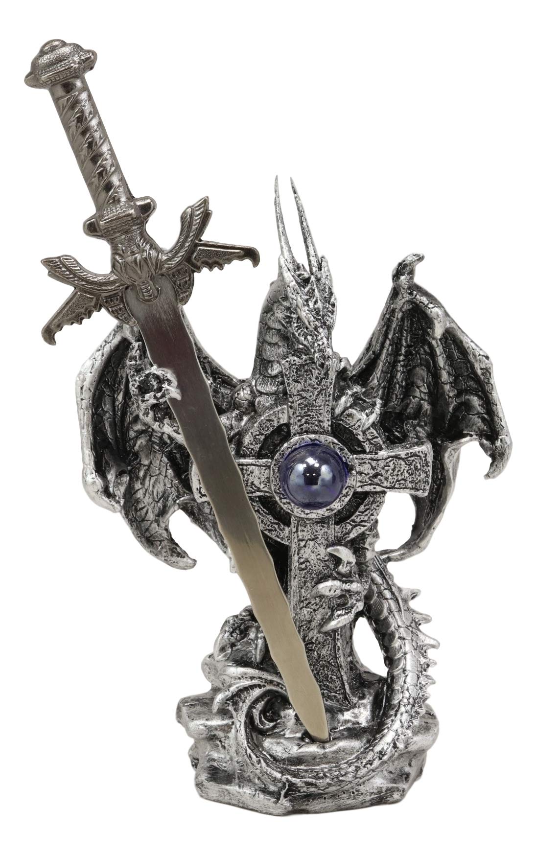 Ebros Gift Legendary Silver Dragon Guardian Of The Celtic High Cross Letter Opener Figurine Sculpture Home And Office Decorative