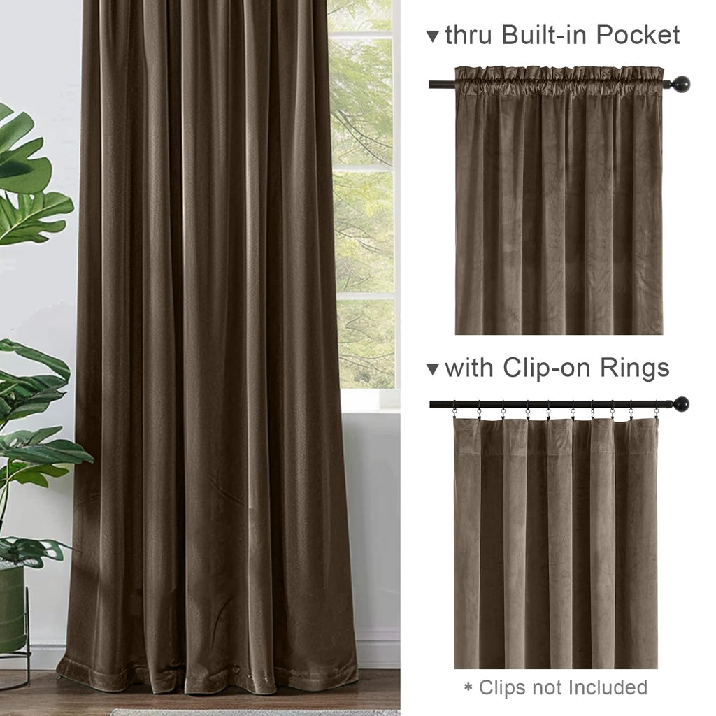 Lazzzy Brown Velvet Curtains Room Darkening Thermal Insulated Curtains 108 Inch Long Window Drapes For Bedroom Living Room Super Soft Luxury Rod Pocket Window Treatment, 2 Panels, Coffee