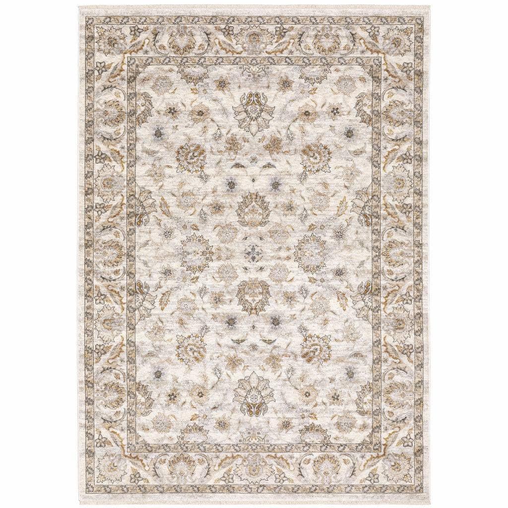 HomeRoots 509400 10 x 13 ft. Ivory & Gray Oriental Power Loom Stain Resistant Rectangle Area Rug with Fringe