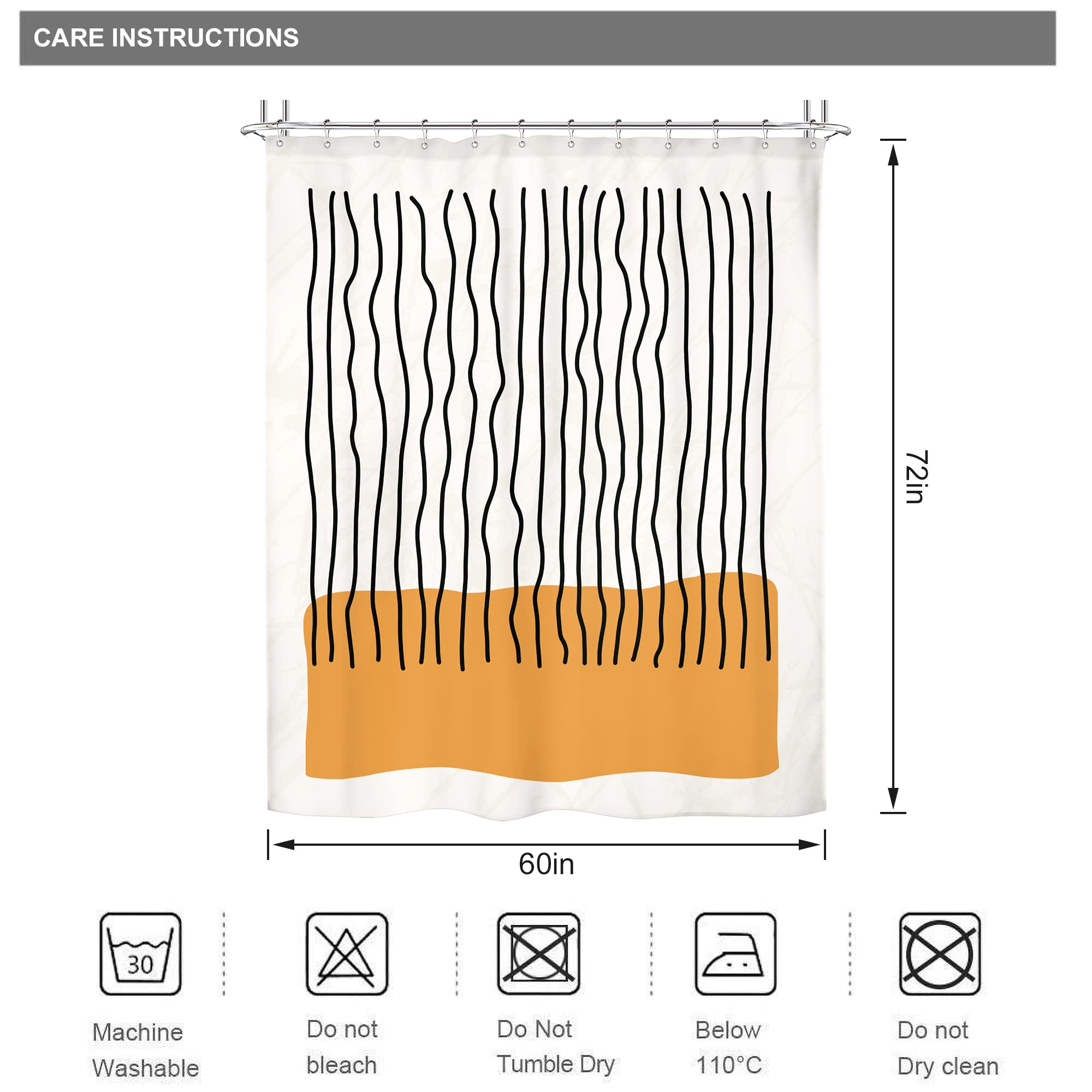Riyidecor Abstract Mid Century Shower Curtain Modern Minimalist Vertical Stripe And Orange Block 60Wx72H Inch Black Line Colorfu