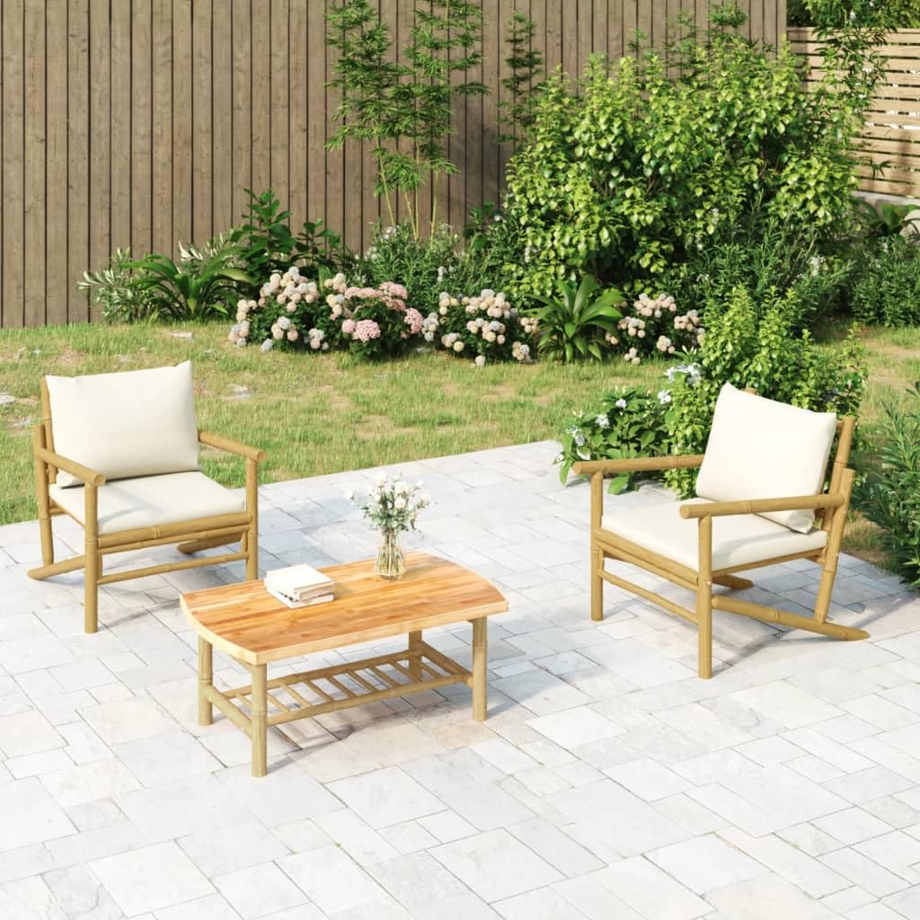 vidaXL Outdoor Garden Patio Chairs with Cream White Cushions - Durable, Lightweight, Bamboo, Comfortable Backrest, Natural Finish