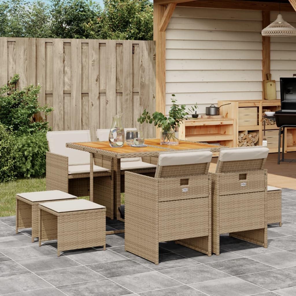vidaXL 9 Piece Patio/Garden/Backyard Dining Set with Cushions - Foldable Chairs, Space-Saving Storage, Weather-Resistant Beige Poly Rattan, Acacia Wood Table, Removable Covers