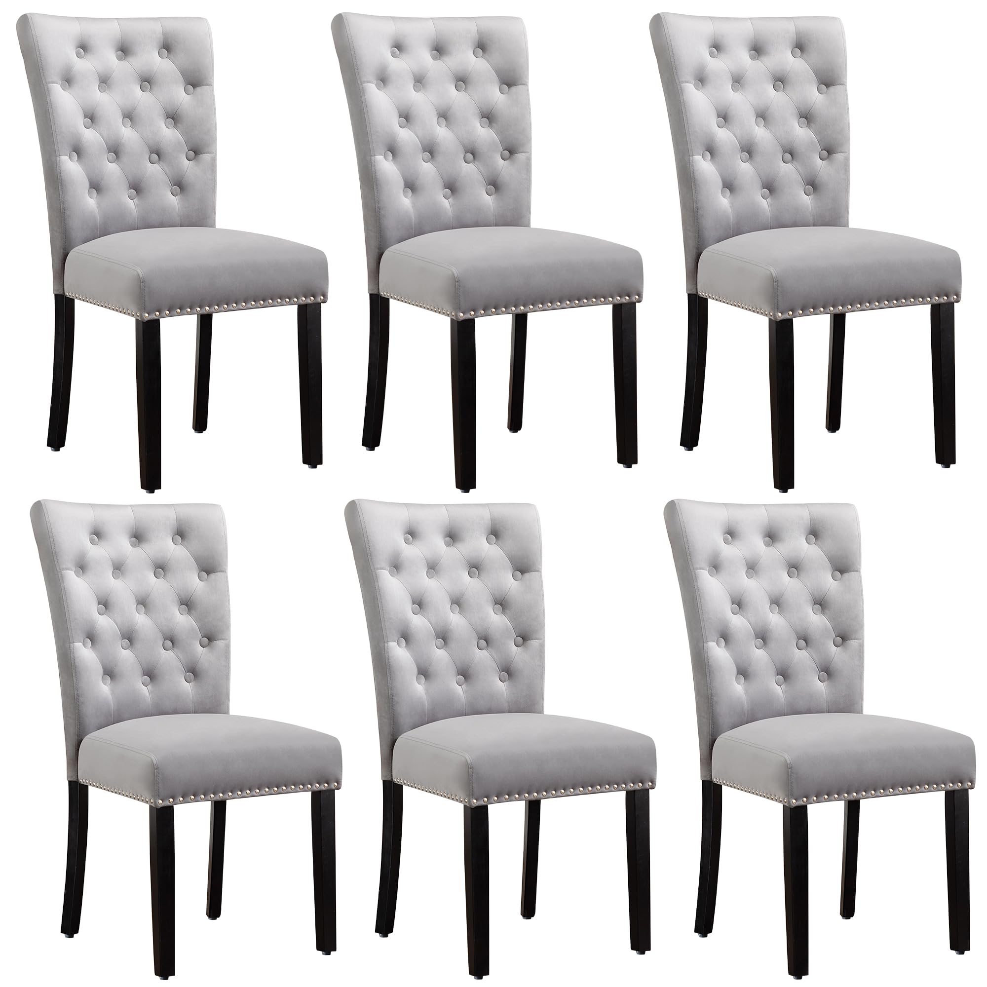 Adochr Velvet Dining Kitchen Chair Set Of 6, Parsons Upholstered Dining Room Chair, Wood Accent Chair With Nailed Trim, Grey