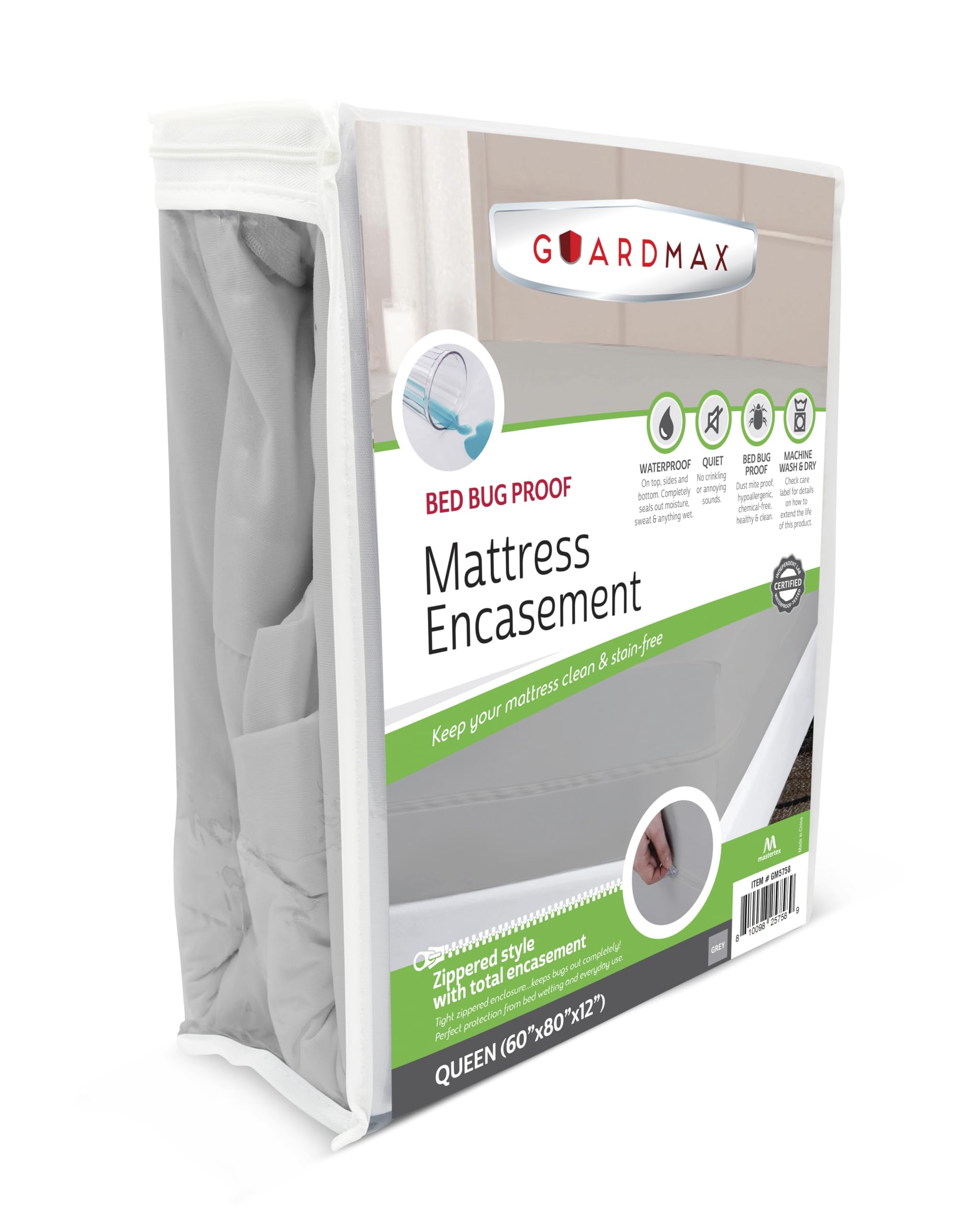 Guardmax Zippered Mattress Encasement - Queen Size - 100% Waterproof And Bed Bug Proof Mattress Protector - 6 Sided Absorbent Ma