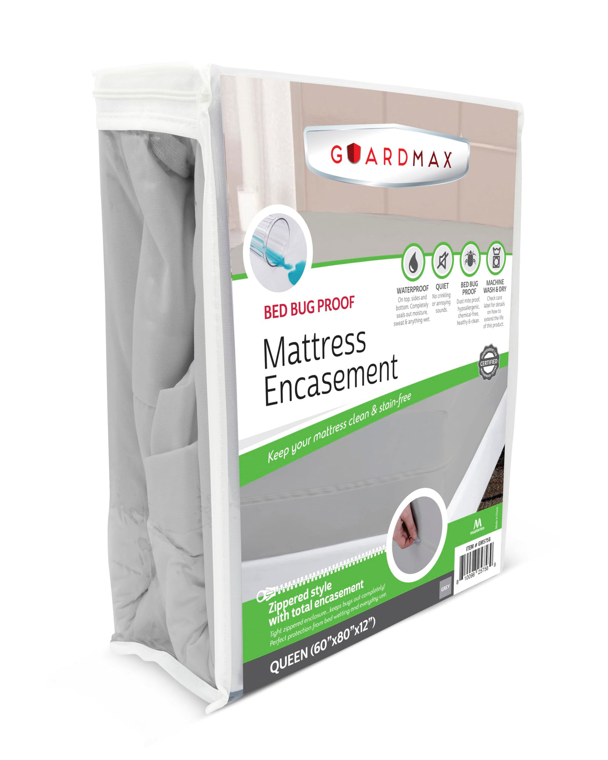Guardmax Zippered Mattress Encasement - Queen Size - 100% Waterproof And Bed Bug Proof Mattress Protector - 6 Sided Absorbent Ma