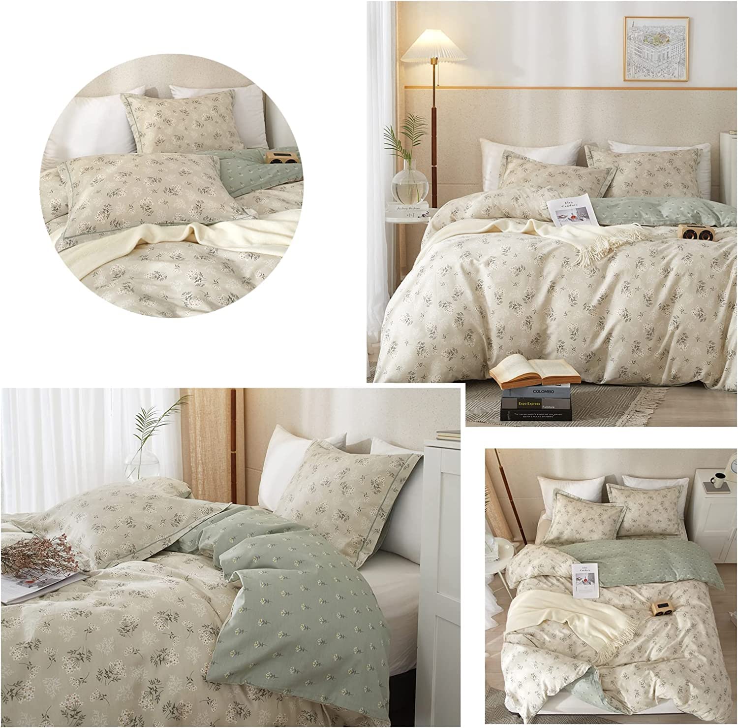 Boho Floral Duvet Cover Twin Kids Girl Garden Style Bedding Sets 100% Cotton White Beige Sage Green Floral Branches Pattern Comf