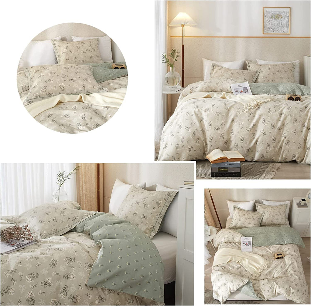 Boho Floral Duvet Cover Twin Kids Girl Garden Style Bedding Sets 100% Cotton White Beige Sage Green Floral Branches Pattern Comf
