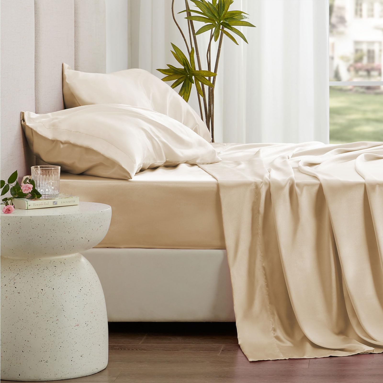 Love'S Cabin Full Size Satin Sheet Sets - 4 Piece Beige Silky Satin Sheet Set Full With Deep Pocket, Luxury Silk Feel Satin Bed Sheets Full Bedding Set (1 Flat Sheet,1 Fitted Sheet,2 Pillow Cases)