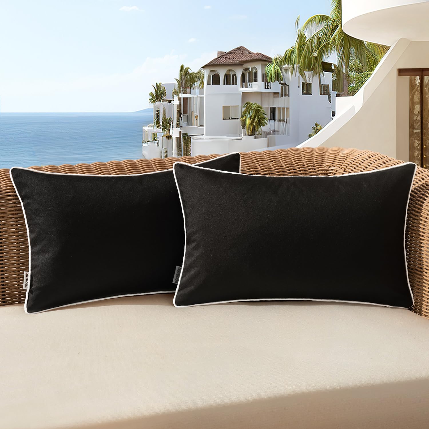 Woaboy Set Of 2 Outdoor Waterproof Pillow Covers 12X20 Inch Black Decorative Throw Pillow Covers Square Solid Color Couch Pillow