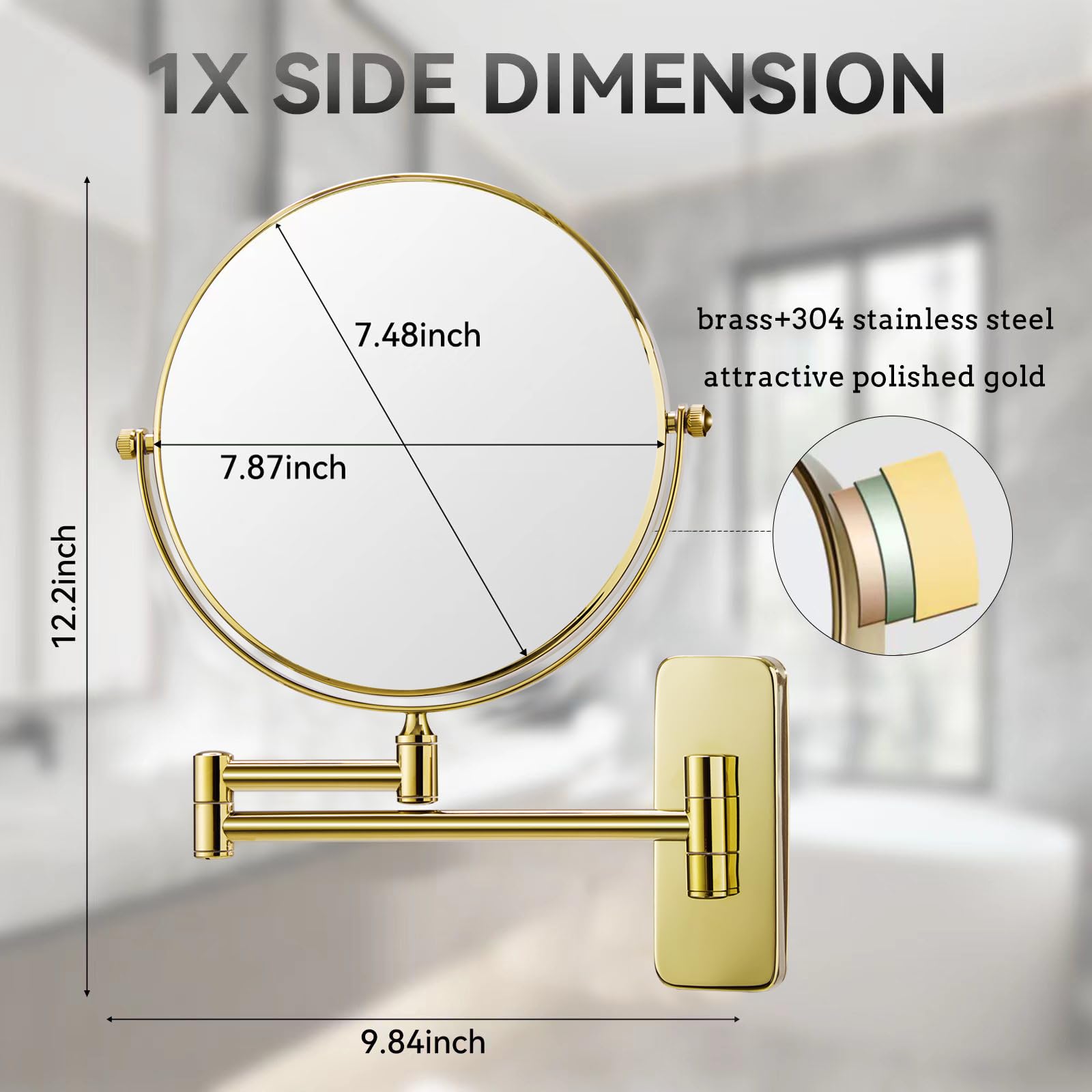 Nicesail Gold Makeup Mirror Wall Mounted, 7X Magnifying Mirror Gold Vanity Mirror For Bathroom Wall Extendable Swivel, Gold Fini