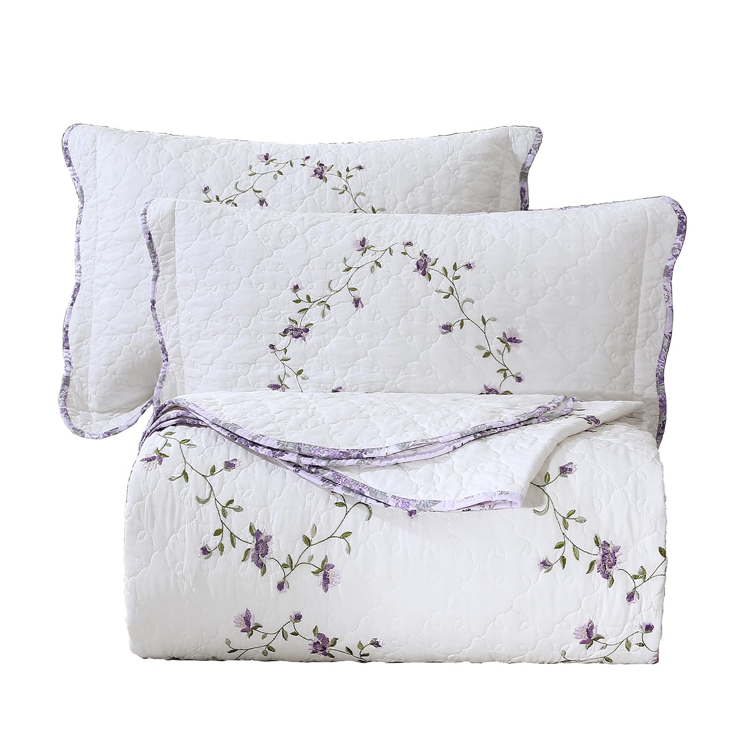 Vctops 3-Piece Elegant Floral Embroidered Bedspread Coverlet Set Oversize Queen 100% Cotton Reversible Patchwork 1 Quilt And 2 P