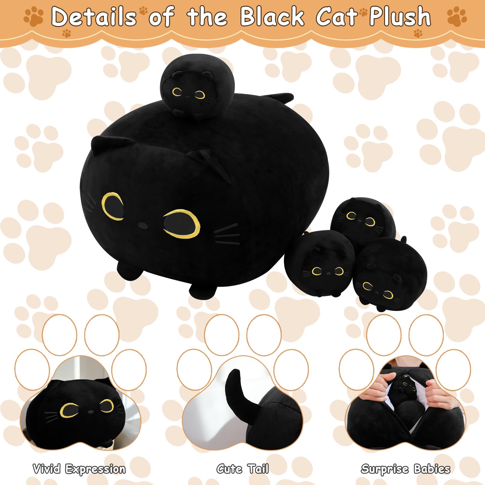 Toysym Black Cat Stuffed Animal Mommy Cat Plush Toys With 4 Squishy Baby Black Cat In Her Tummy Soft Cute Hugging Pillows For Bo