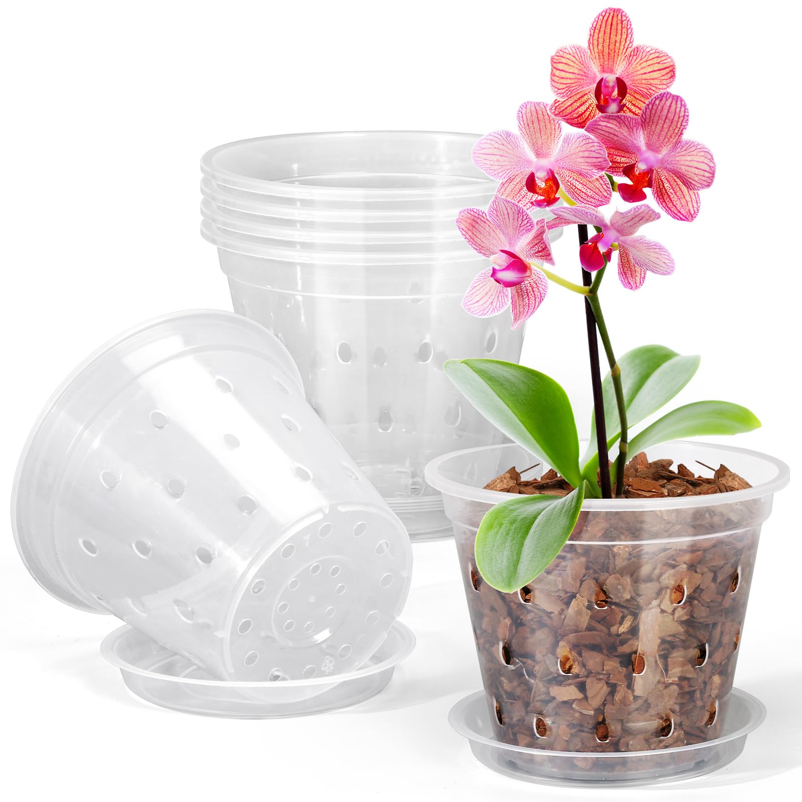 Fuijol Orchid Pot, 6 Pack 3 Inch Clear Orchid Pots With Holes And Saucers For Repotting, Breathable Slotted Plastic Orchid Plant