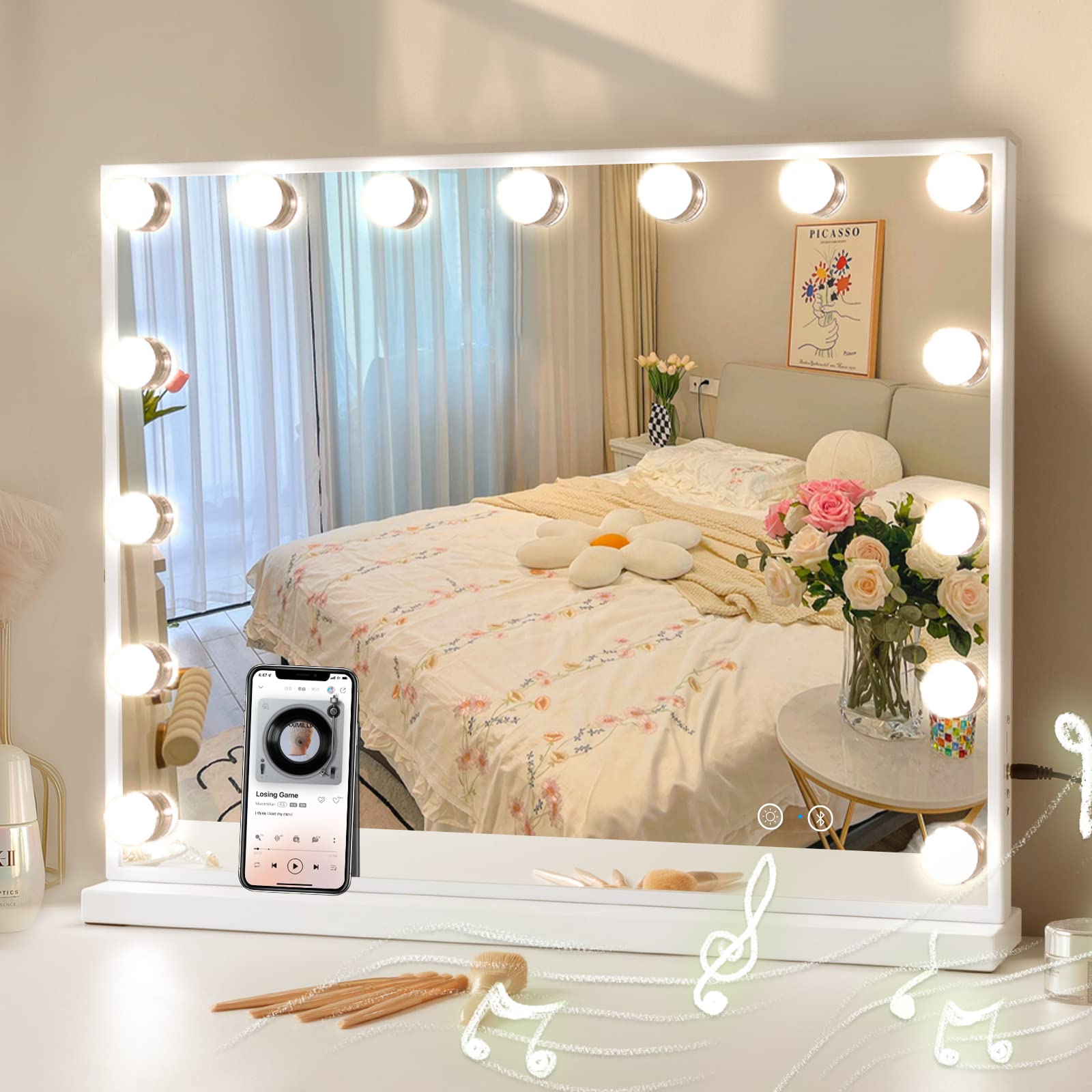 COOLJEEN Vanity Mirror with Lights and Bluetooth, Hollywood Makeup Mirror with 15 Dimmable LED Bulbs and USB Charging, 3 Color M