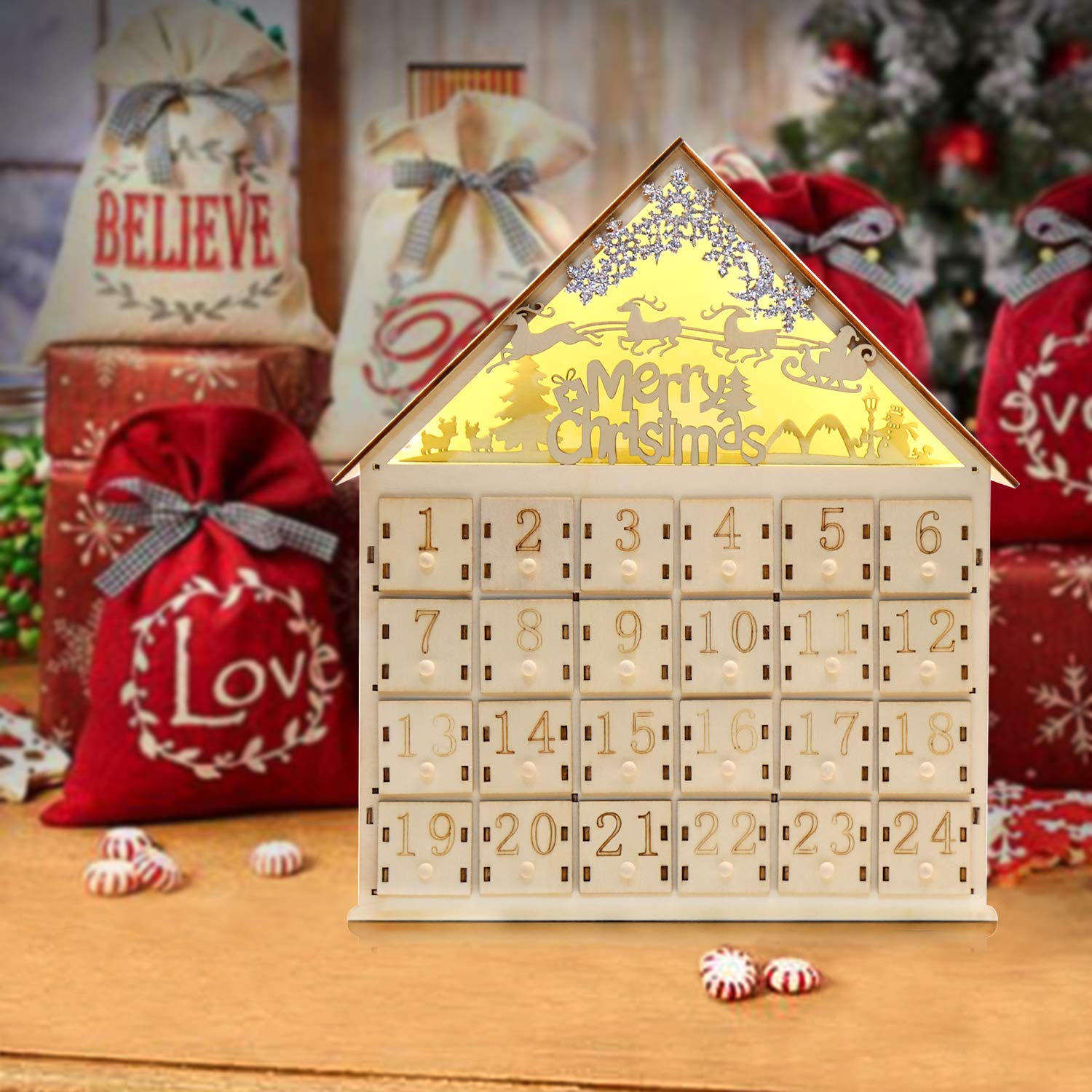 Ccinee Christmas Wooden Advent Calendar With Led Light 24 Storage Drawers Christmas Countdown Calendar For Holiday Decoration