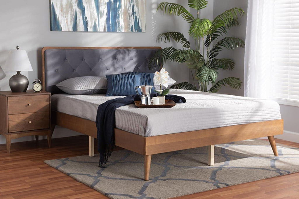 Baxton Studio Larue Modern and Contemporary Grey Velvet Fabric Upholstered and Walnut Brown Finished Wood King Size Platform Bed