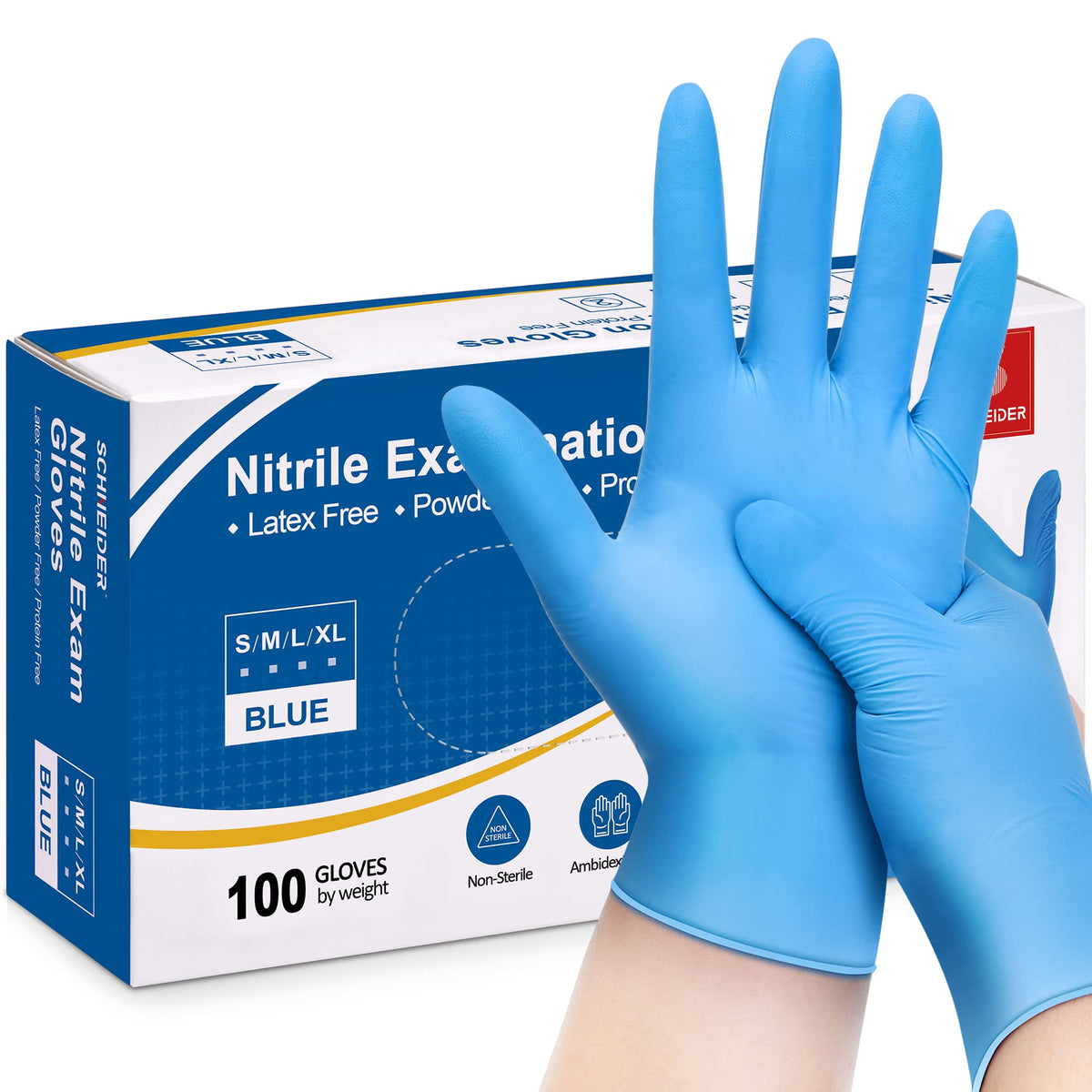 Schneider Nitrile Exam Gloves, 4Mil, Blue, Large 100-Ct Box, Gloves Disposable Latex-Free, Medical Gloves, Cleaning Gloves, Food