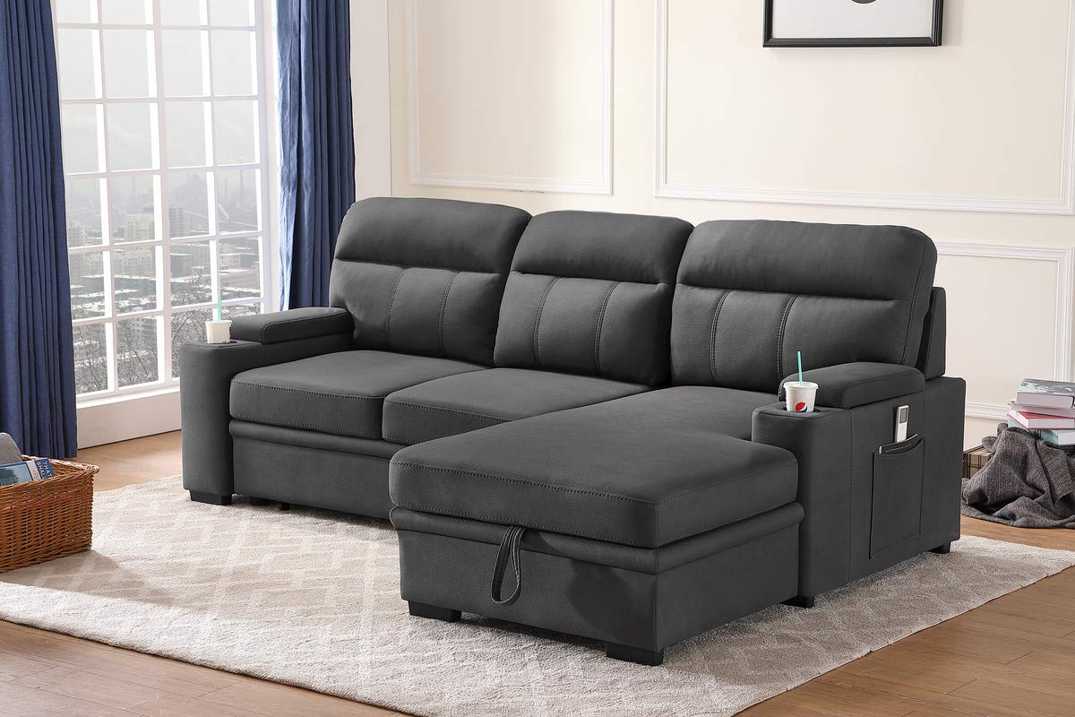 Lilola Home Kaden Gray Fabric Sleeper Sectional Sofa Chaise With Storage Arms And Cupholder