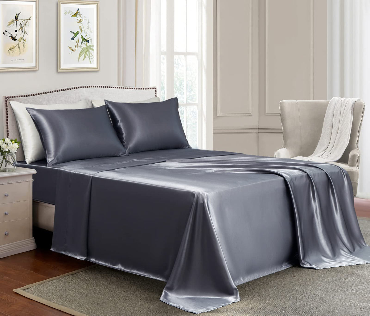 Golal Satin Sheets Full Size - 4 Pieces Luxury Silky Soft Bed Sheets, Wrinkle-Free Dark Grey Satin Silk Sheet Set With 1 Deep Po